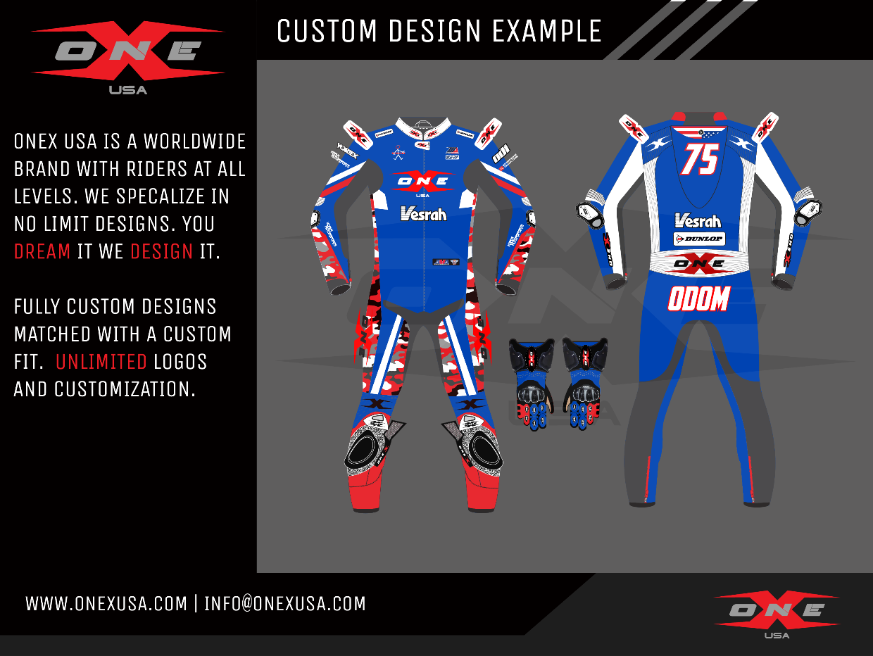 OneX USA Pro Race Custom One-Piece Leather Suit & Custom Gloves