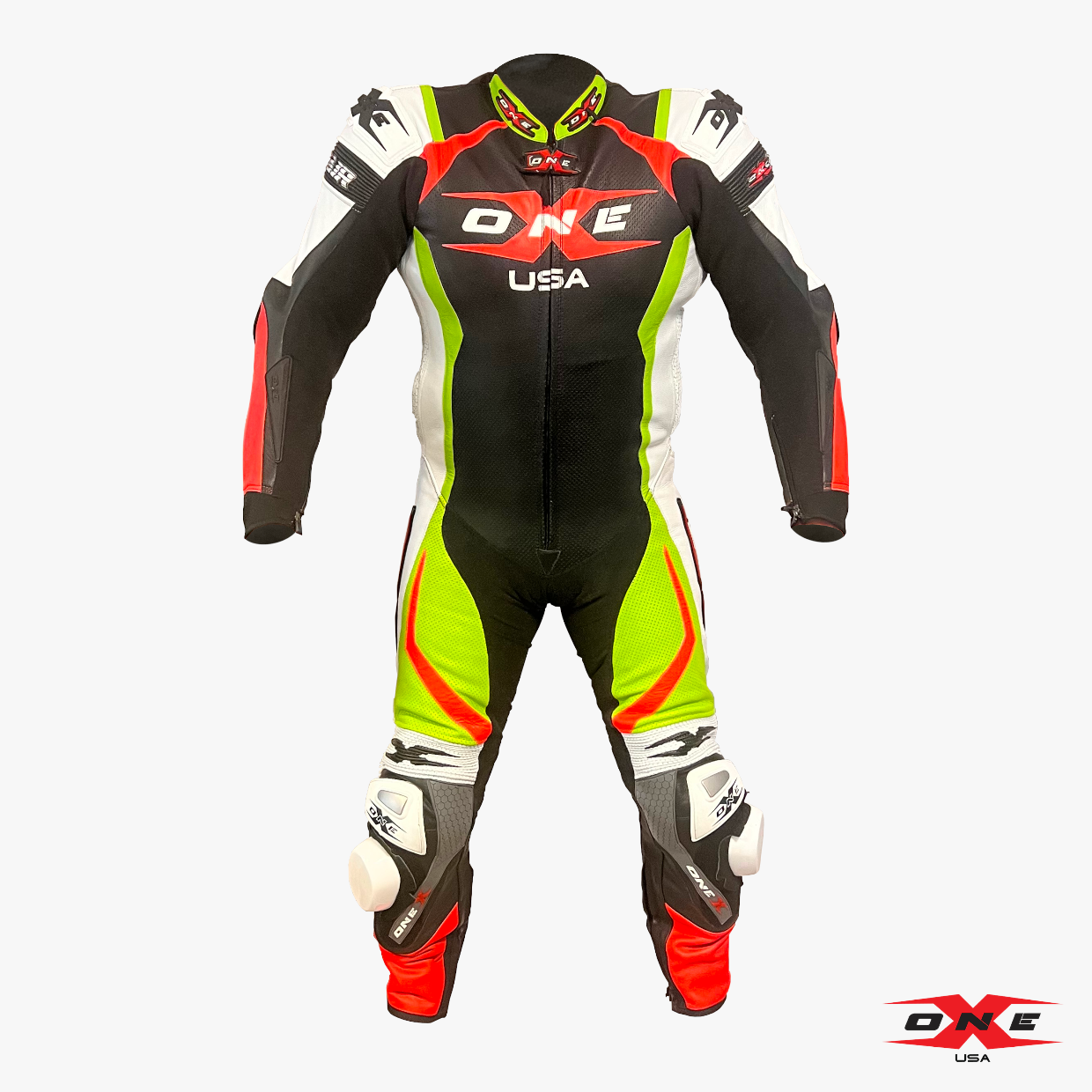 OneX USA XR23 Airbag Ready Pro Race Suit - One Piece - Black and White (Yellow/Fluor Red)