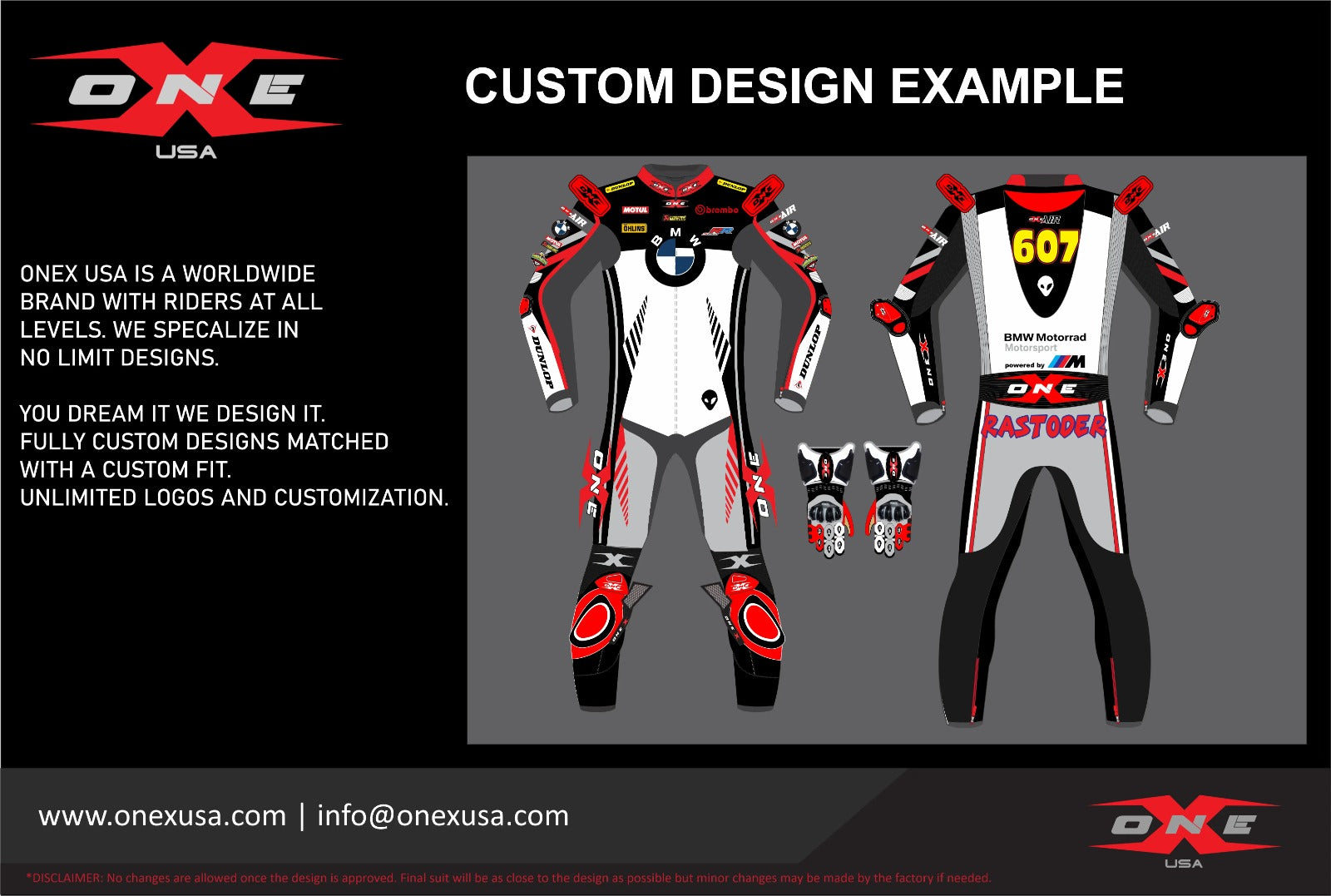 OneX USA Pro Race Custom One-Piece Leather Suit & Custom Gloves