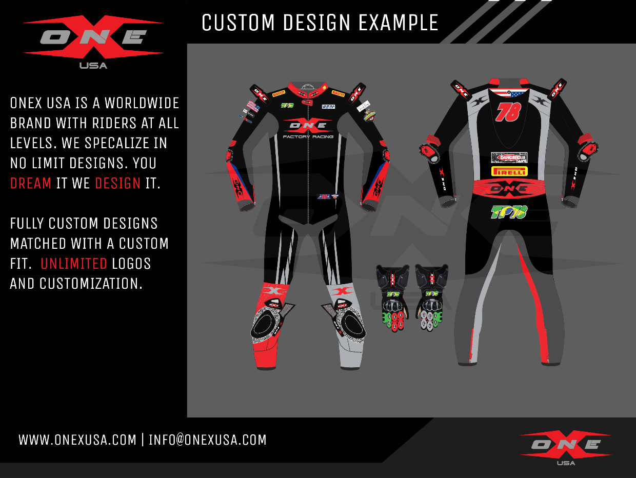OneX USA Pro Race Custom Two Piece Leather Suit Custom Gloves