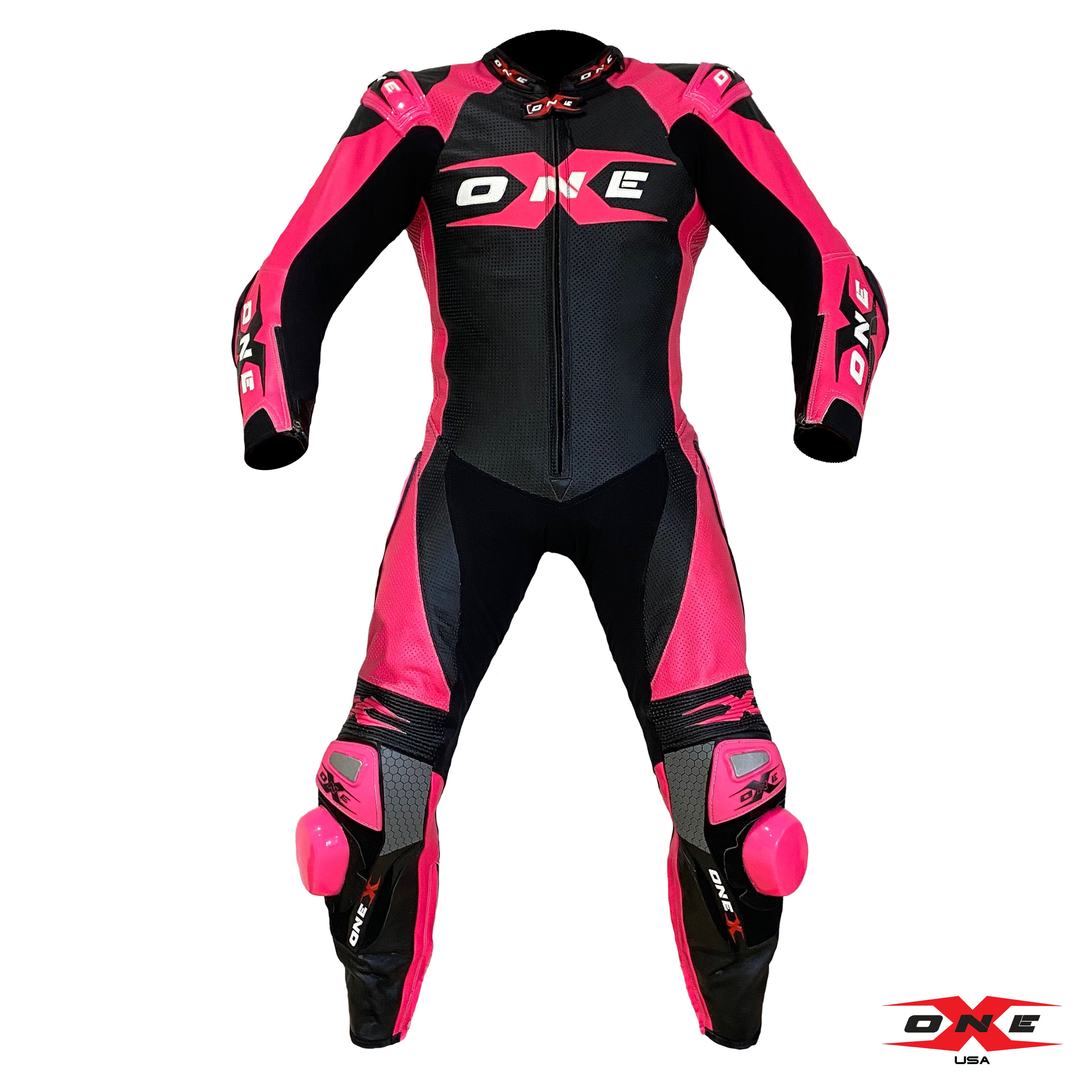 OneX USA XR3 Pro Race Leather Racing Suit - Black/Fluor Pink